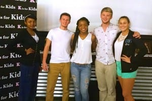 DOSA 2014-15 at K is for Kids Top Leaders Meeting at ITZ Media studio. Shown left to right: Rose Gelin, Lorenzo Walker Technology High; Tyler Schult, Barron Collier High; Nedgie Paul, Palmetto Ridge High; Hadrien Roy, Barron Collier High; and Cameryn Anthony, Gulf Coast High (not shown, Krisha Mac, Lorenzo Walker Technical High).