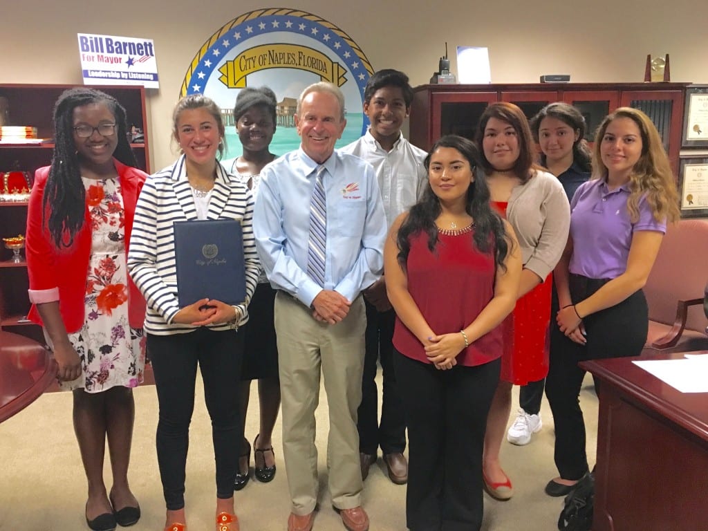 K is for Kids' youth leaders for 2016-17 were honored to meet with Mayor Bill Barnett. The students represent four high schools from Collier County Public School District L-R: Founder Karen D. Clawson, Sara Saintil, Lely High School; Olivia Squirewelll, Barron Collier High School; Bree Gelin, Lely High School; Mayor Bill; Jose Chang, Gulf Coast High School; Amy Teran, Lorenzo Walker Technical College & High School; Daylin Baez, Florida Southwestern College; Aracely Aguilera, Lorenzo Walker Technical High School; and Rachelle Cavero, Lorenzo Walker Technical High School.